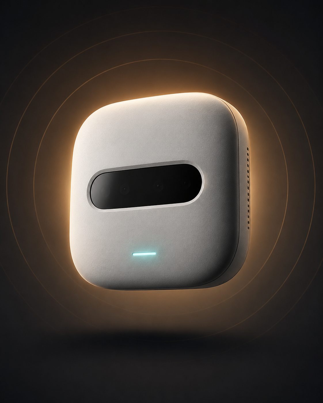 Angled view of the Mindeze Halo - a ceramic-white squircle with a smoked sensor window and a soft mint status light.